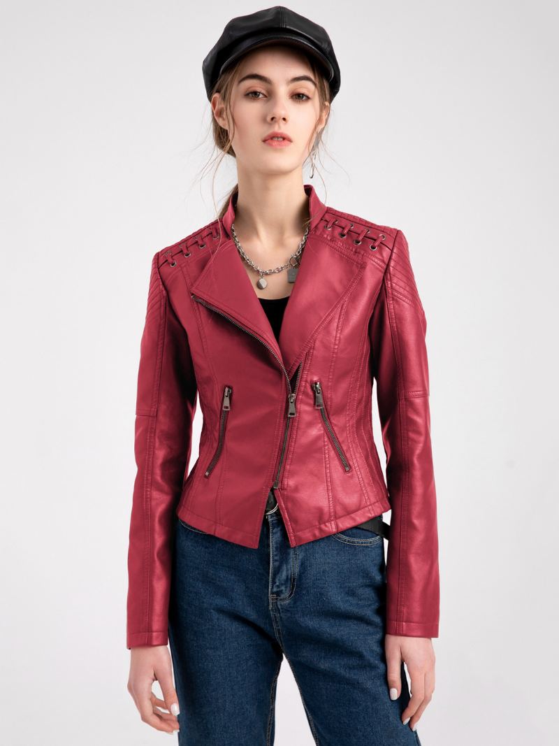 Pu Leather Moto Jacket High Waist Spring Biker Yttertøy For Dame - Rød