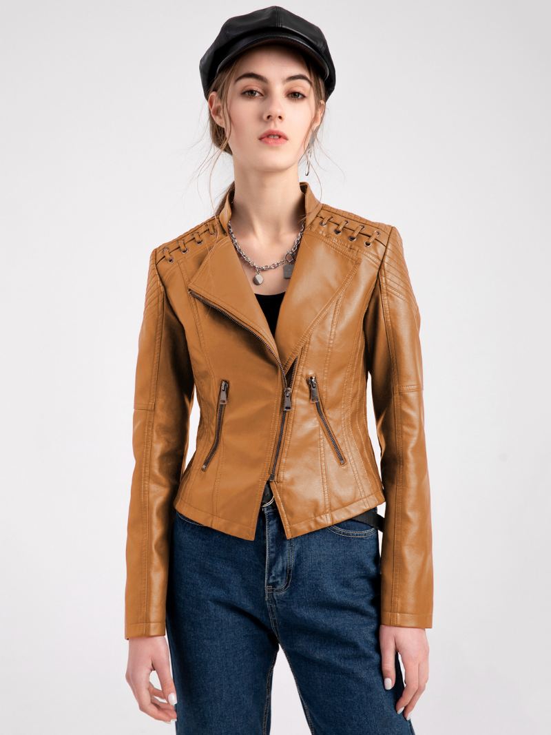 Pu Leather Moto Jacket High Waist Spring Biker Yttertøy For Dame - Kamel