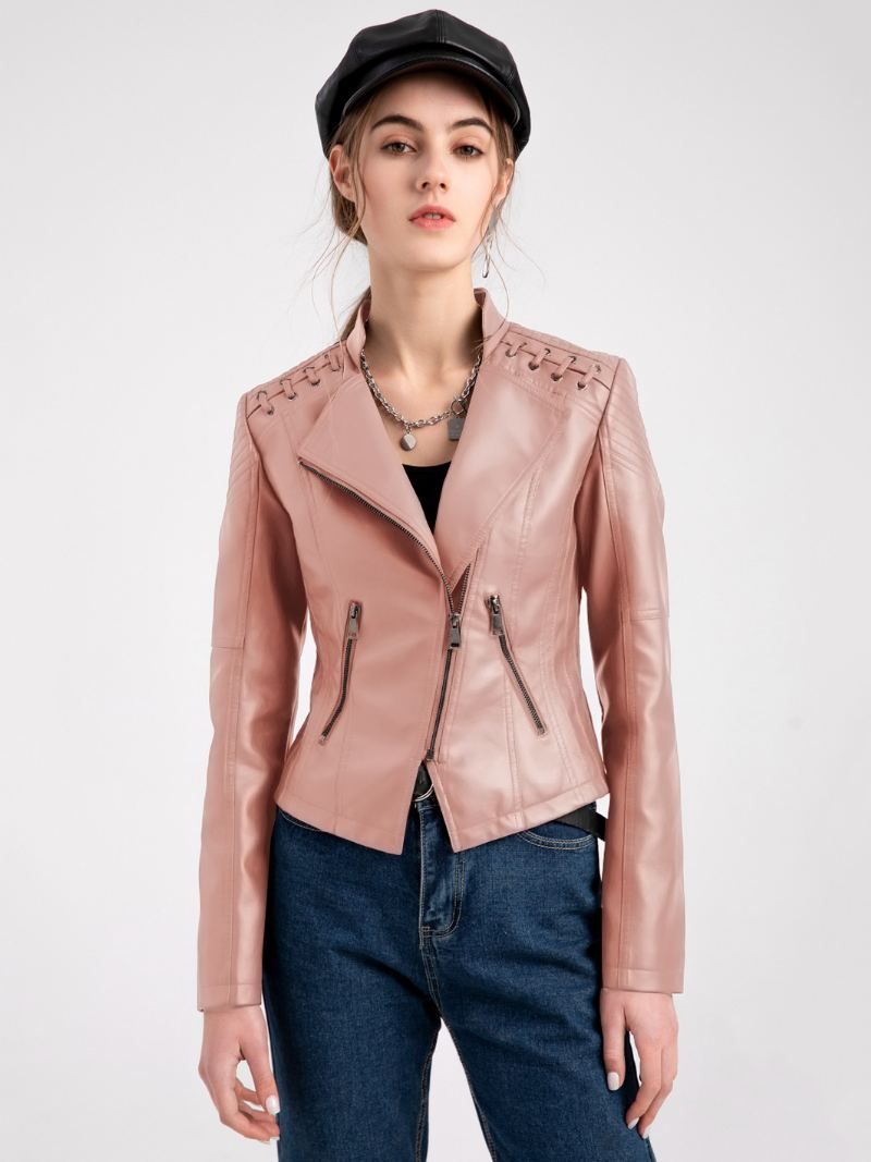 Pu Leather Moto Jacket High Waist Spring Biker Yttertøy For Dame - Rosa