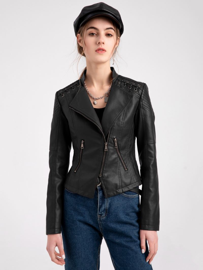 Pu Leather Moto Jacket High Waist Spring Biker Yttertøy For Dame - Sort