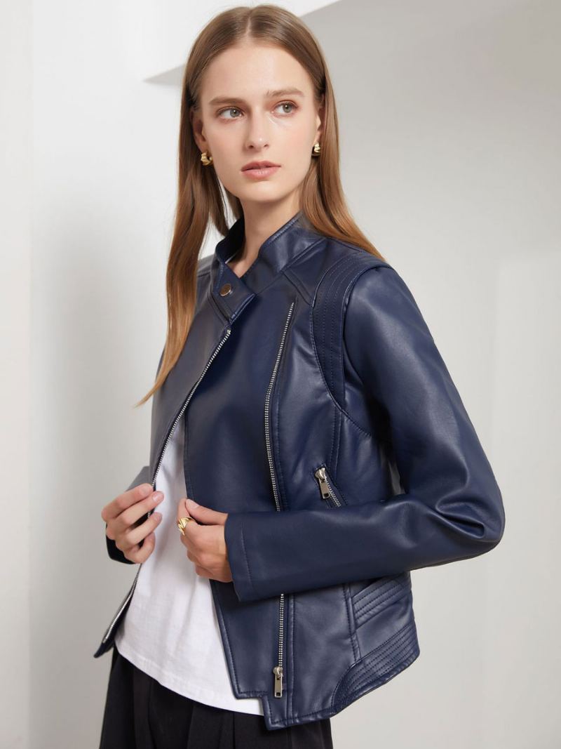 Pu Leather Moto Jacket Stativ Krage Spring Biker Yttertøy For Dame - Mørk Navy