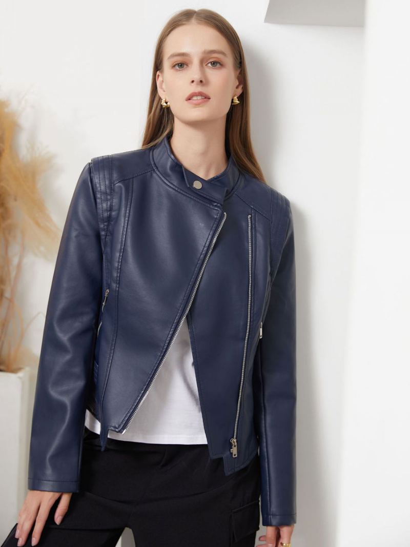 Pu Leather Moto Jacket Stativ Krage Spring Biker Yttertøy For Dame - Mørk Navy