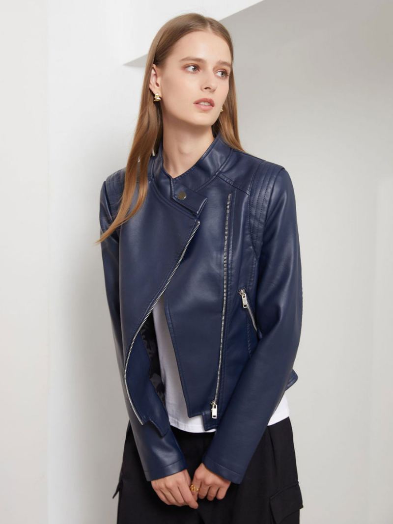 Pu Leather Moto Jacket Stativ Krage Spring Biker Yttertøy For Dame - Mørk Navy