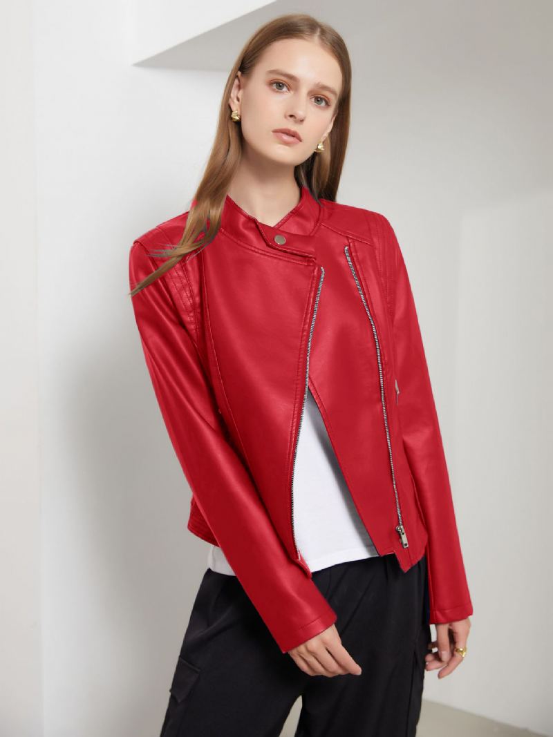 Pu Leather Moto Jacket Stativ Krage Spring Biker Yttertøy For Dame - Rød