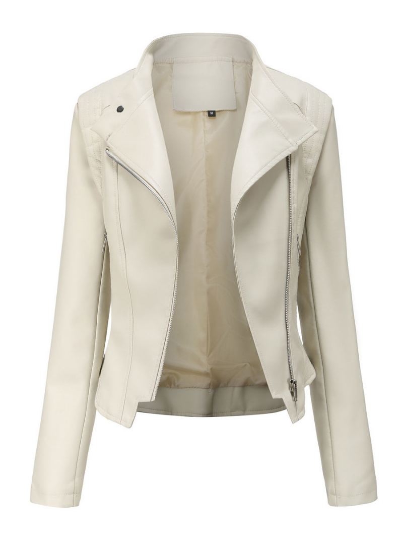 Pu Leather Moto Jacket Stativ Krage Spring Biker Yttertøy For Dame - Beige