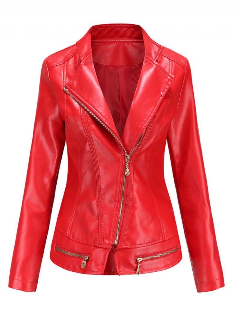 Pu Leather Moto Jacket Zip Up Spring Biker Yttertøy For Kvinner - Rød