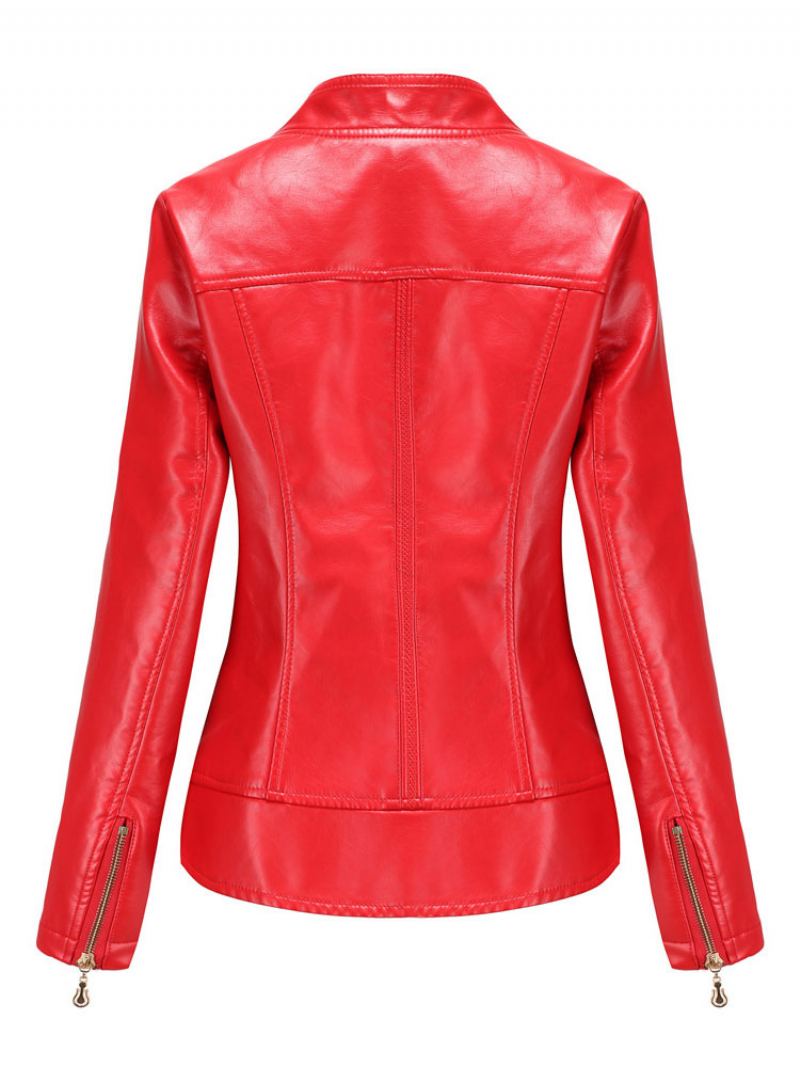 Pu Leather Moto Jacket Zip Up Spring Biker Yttertøy For Kvinner - Rød