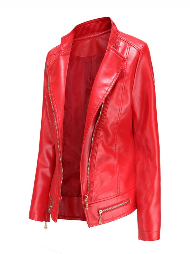 Pu Leather Moto Jacket Zip Up Spring Biker Yttertøy For Kvinner - Rød