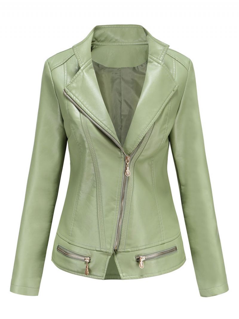 Pu Leather Moto Jacket Zip Up Spring Biker Yttertøy For Kvinner - Sage