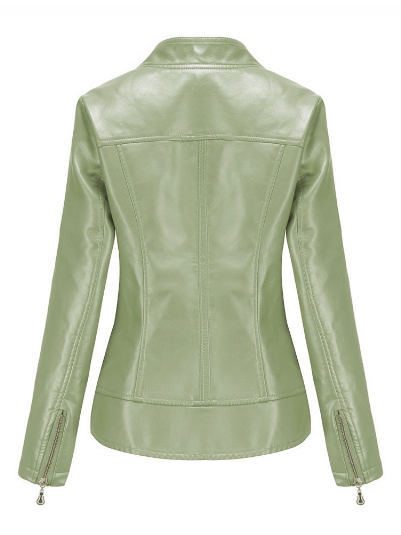 Pu Leather Moto Jacket Zip Up Spring Biker Yttertøy For Kvinner - Sage