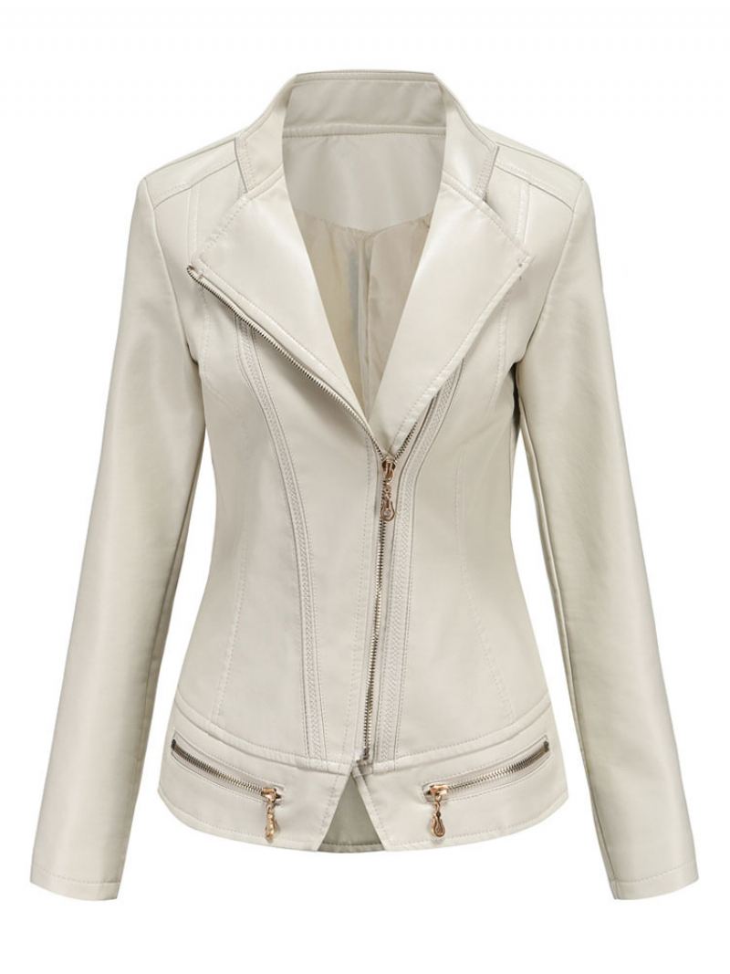 Pu Leather Moto Jacket Zip Up Spring Biker Yttertøy For Kvinner - Beige