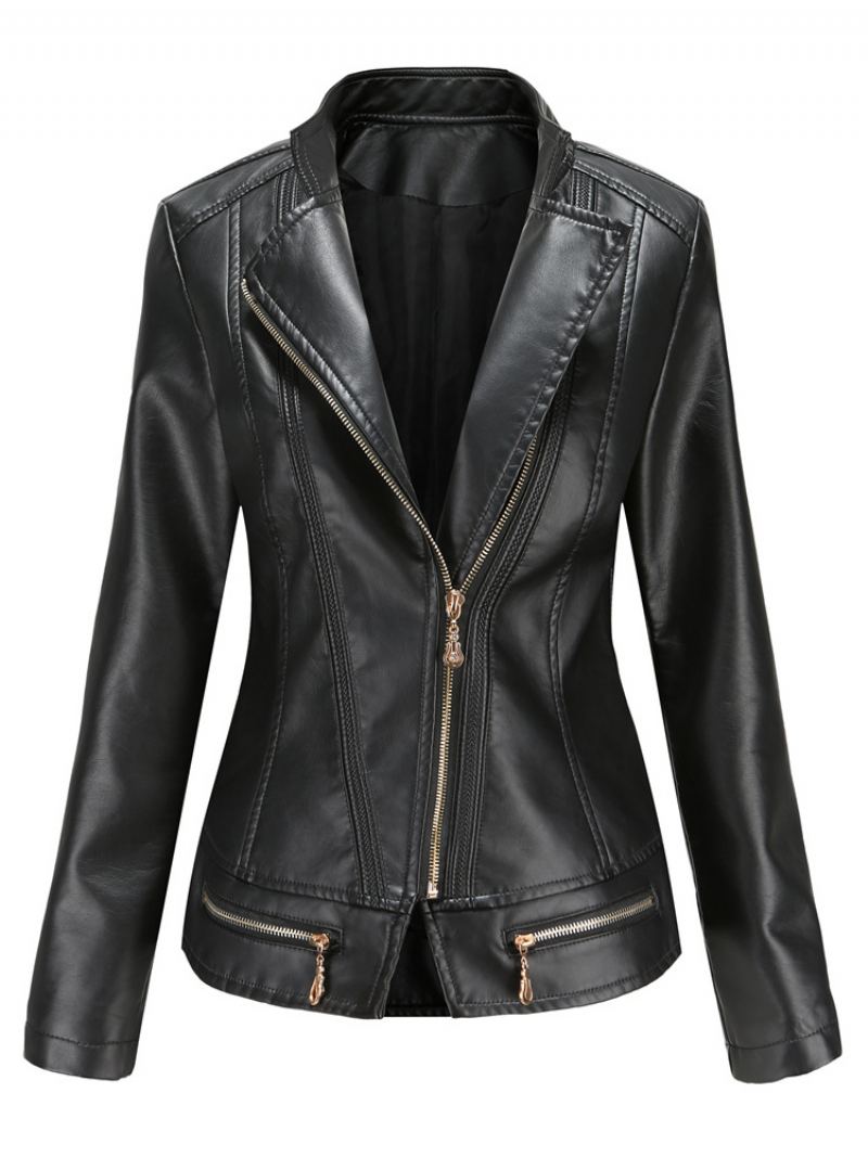 Pu Leather Moto Jacket Zip Up Spring Biker Yttertøy For Kvinner - Sort