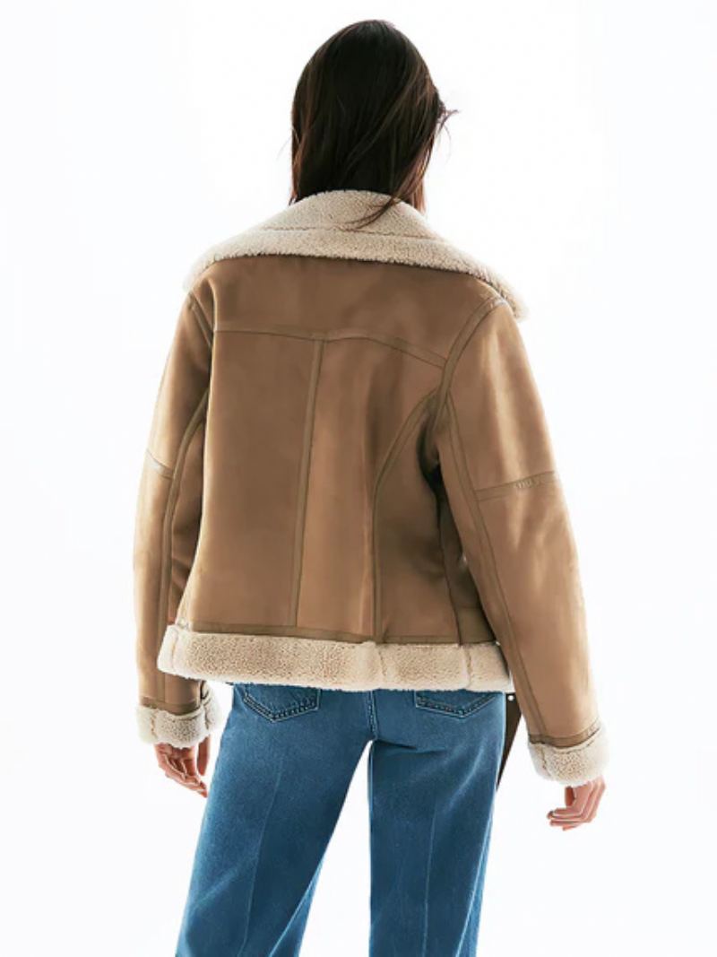 Semsket Skinnjakke Faux Shearling Vinterfrakk 2024 Yttertøy For Dame - Khaki