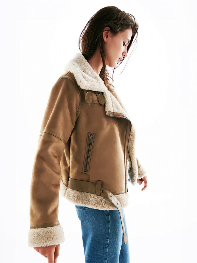 Semsket Skinnjakke Faux Shearling Vinterfrakk 2024 Yttertøy For Dame - Khaki