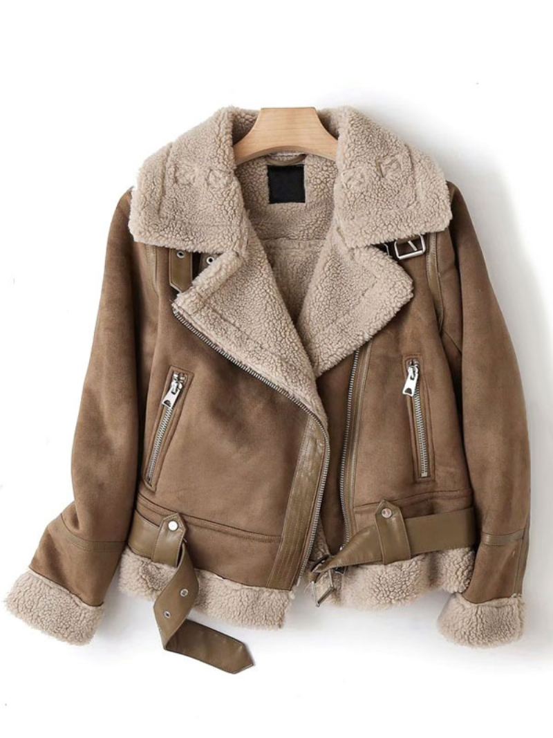 Semsket Skinnjakke Faux Shearling Vinterfrakk 2024 Yttertøy For Dame - Khaki