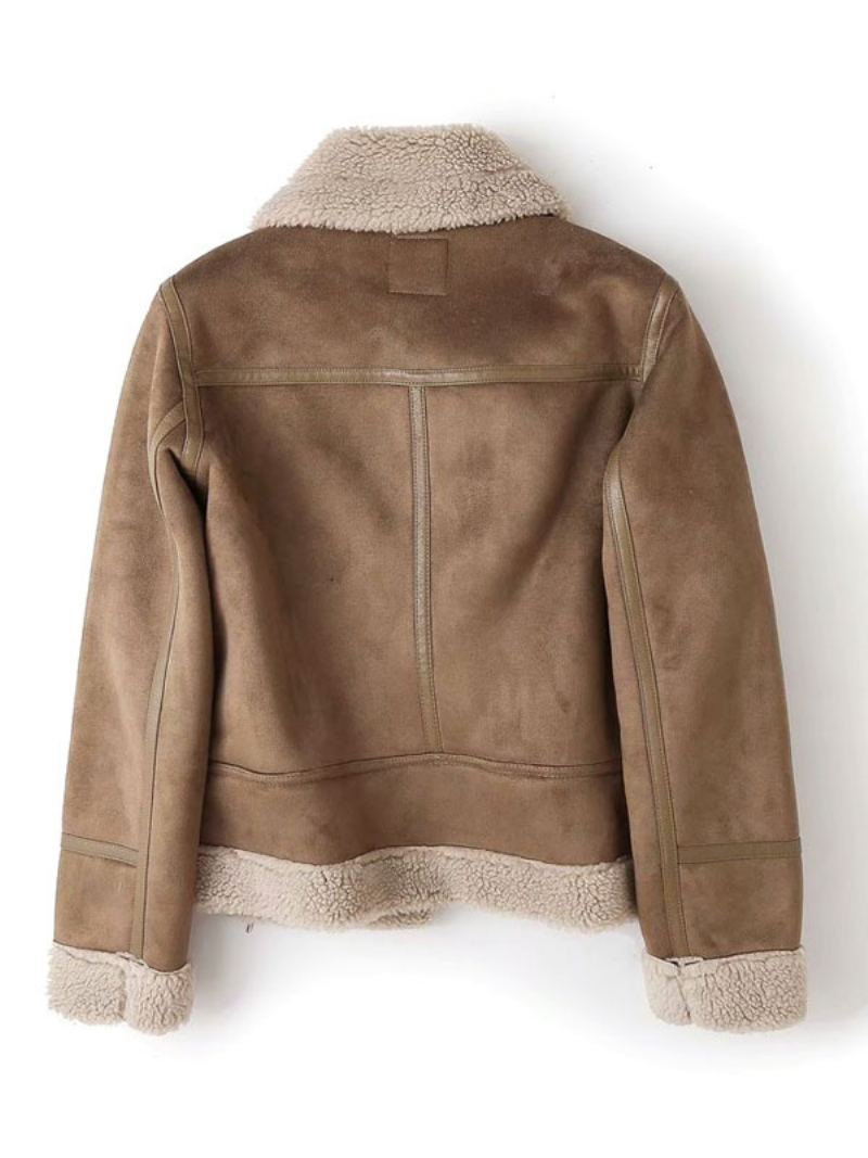 Semsket Skinnjakke Faux Shearling Vinterfrakk 2024 Yttertøy For Dame - Khaki