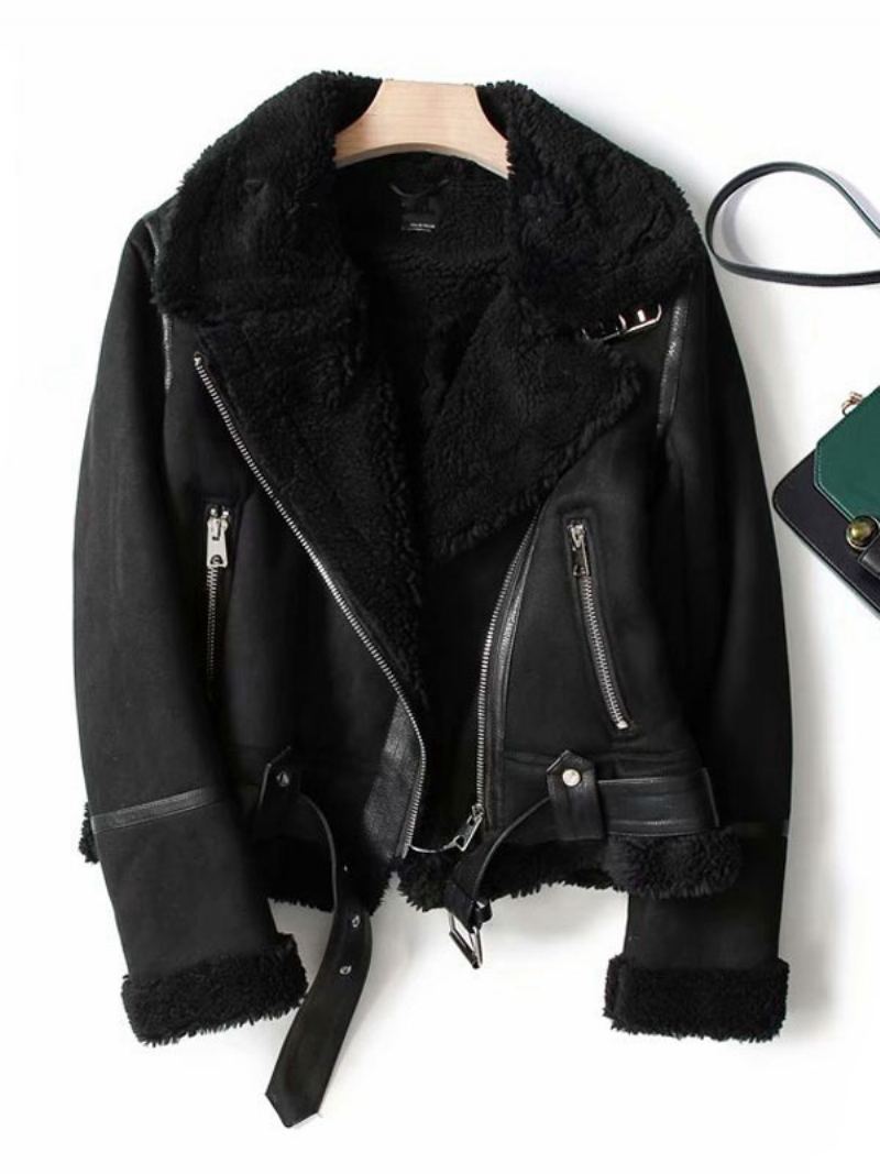 Semsket Skinnjakke Faux Shearling Vinterfrakk 2024 Yttertøy For Dame - Sort