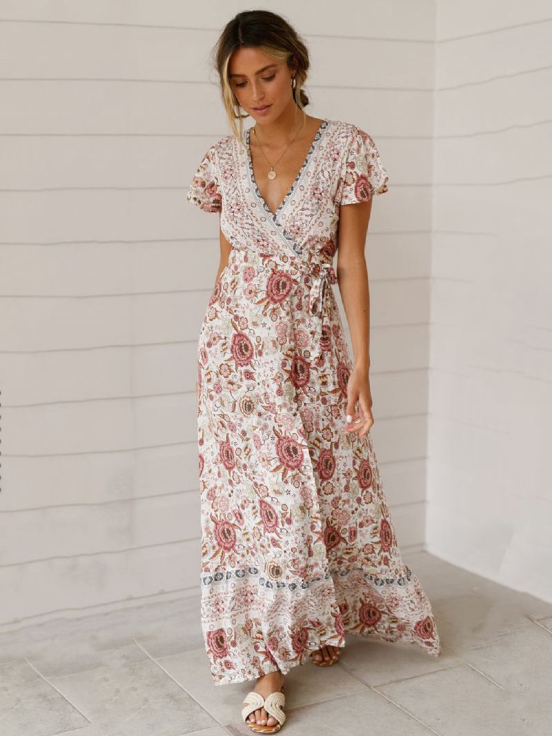 Bohemian Dresses Dame Summer Tea Dress V-hals Kortermer Blomsterprint Split Beach