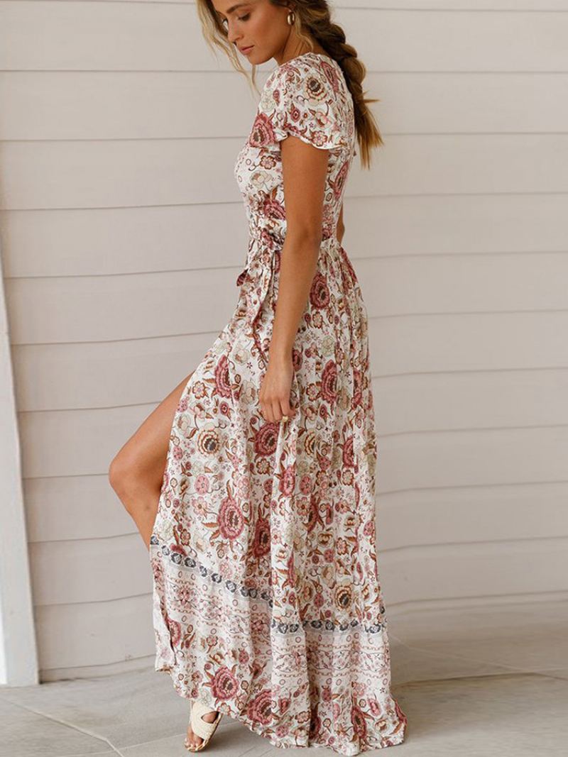 Bohemian Dresses Dame Summer Tea Dress V-hals Kortermer Blomsterprint Split Beach - Hvit