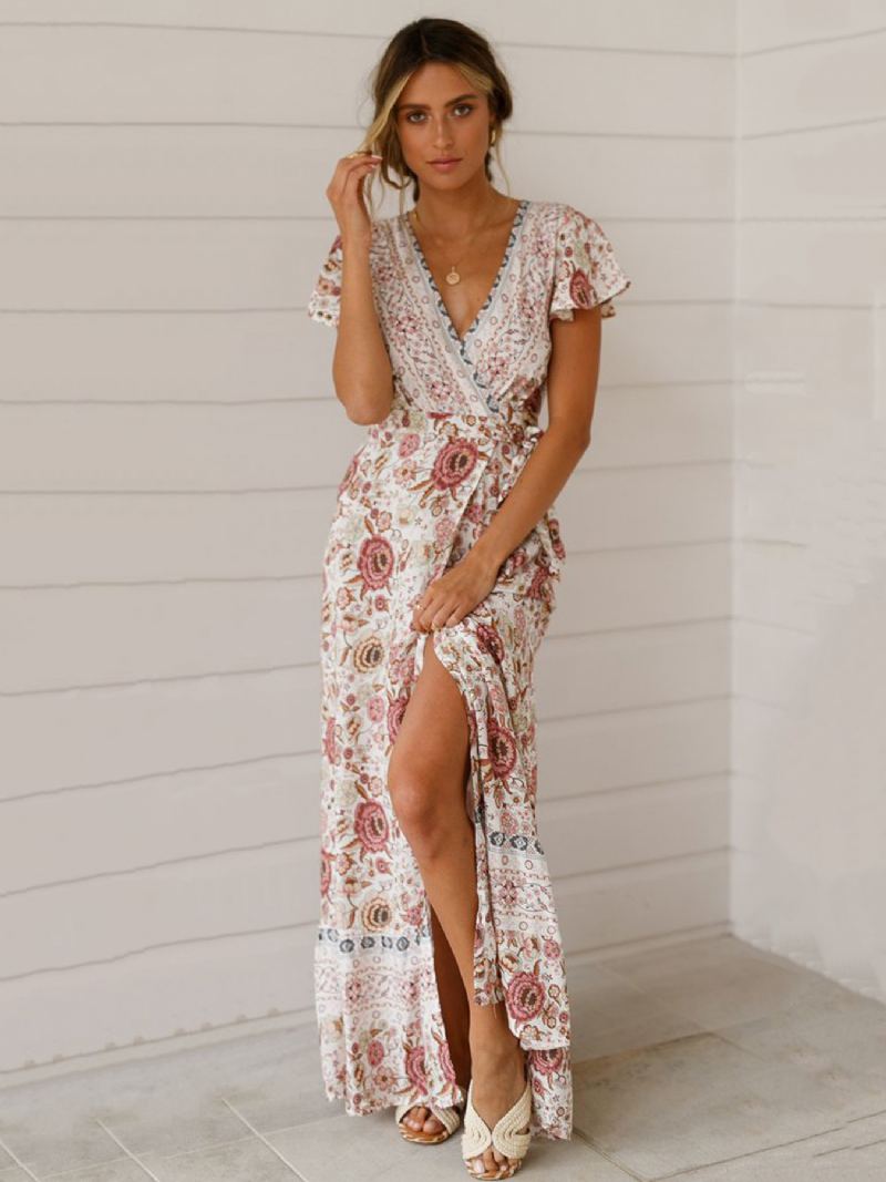 Bohemian Dresses Dame Summer Tea Dress V-hals Kortermer Blomsterprint Split Beach - Hvit