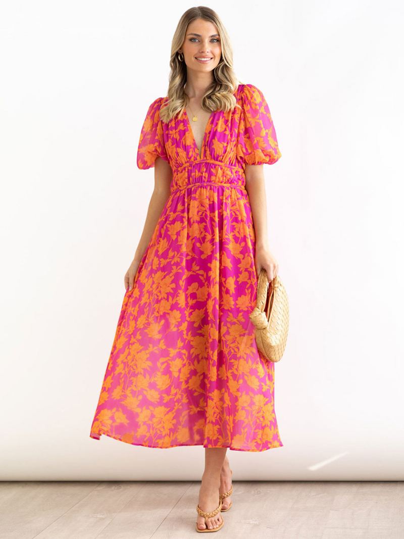 Dame Sommerkjole V-hals Blomsterprint Rose Long Beach Dress