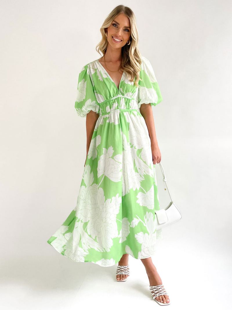 Dame Sommerkjole V-hals Blomsterprint Rose Long Beach Dress - Lysegrønn