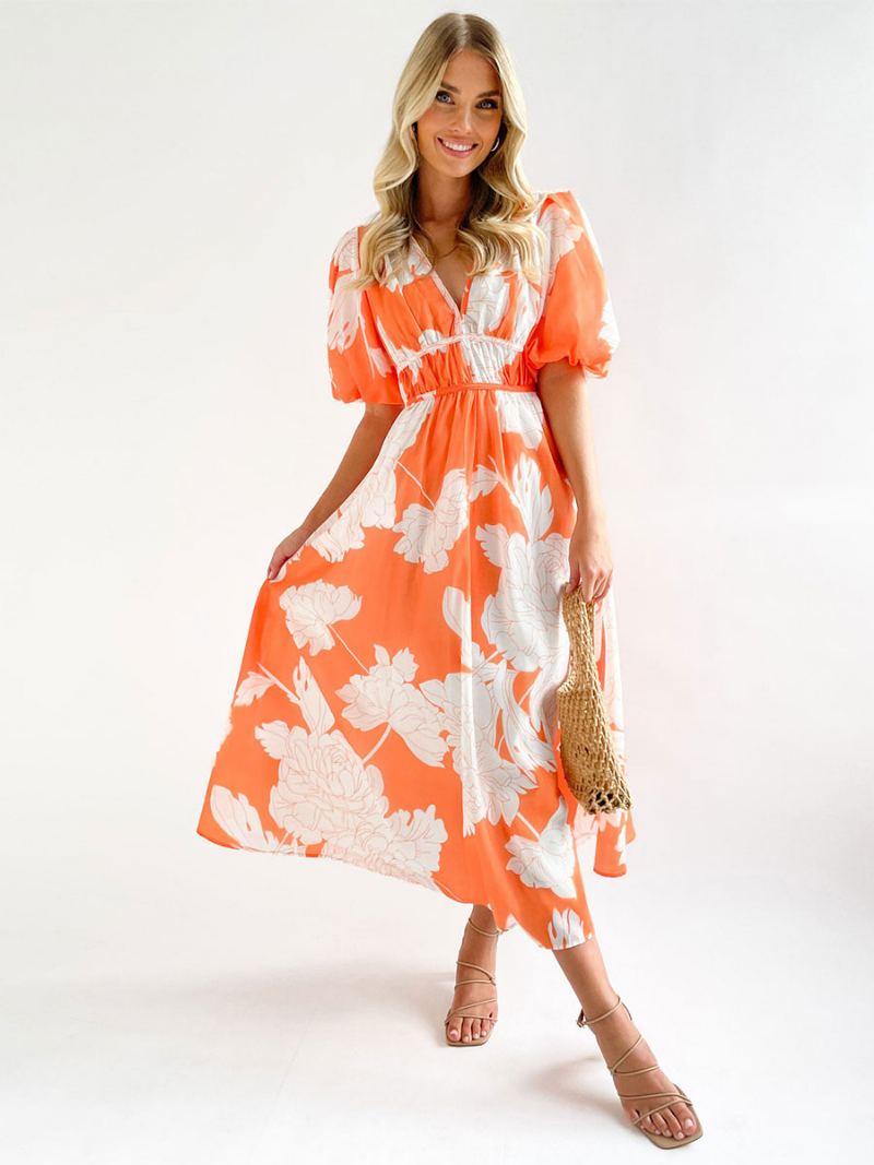 Dame Sommerkjole V-hals Blomsterprint Rose Long Beach Dress - Oransje