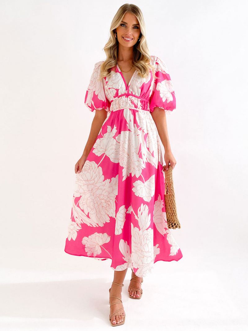 Dame Sommerkjole V-hals Blomsterprint Rose Long Beach Dress - Rosa