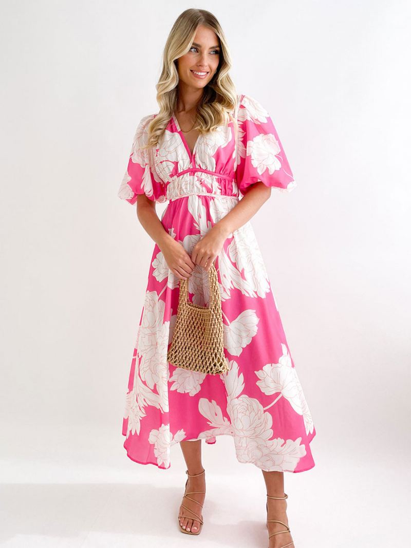 Dame Sommerkjole V-hals Blomsterprint Rose Long Beach Dress - Rosa