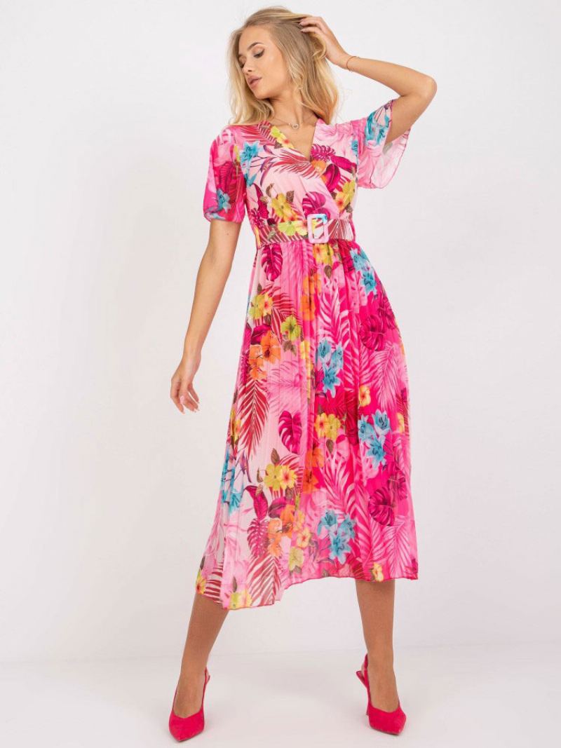 Dame Sommerkjole V-hals Blomsterprint Sash Grønn Medium Beach Dress - Fersken