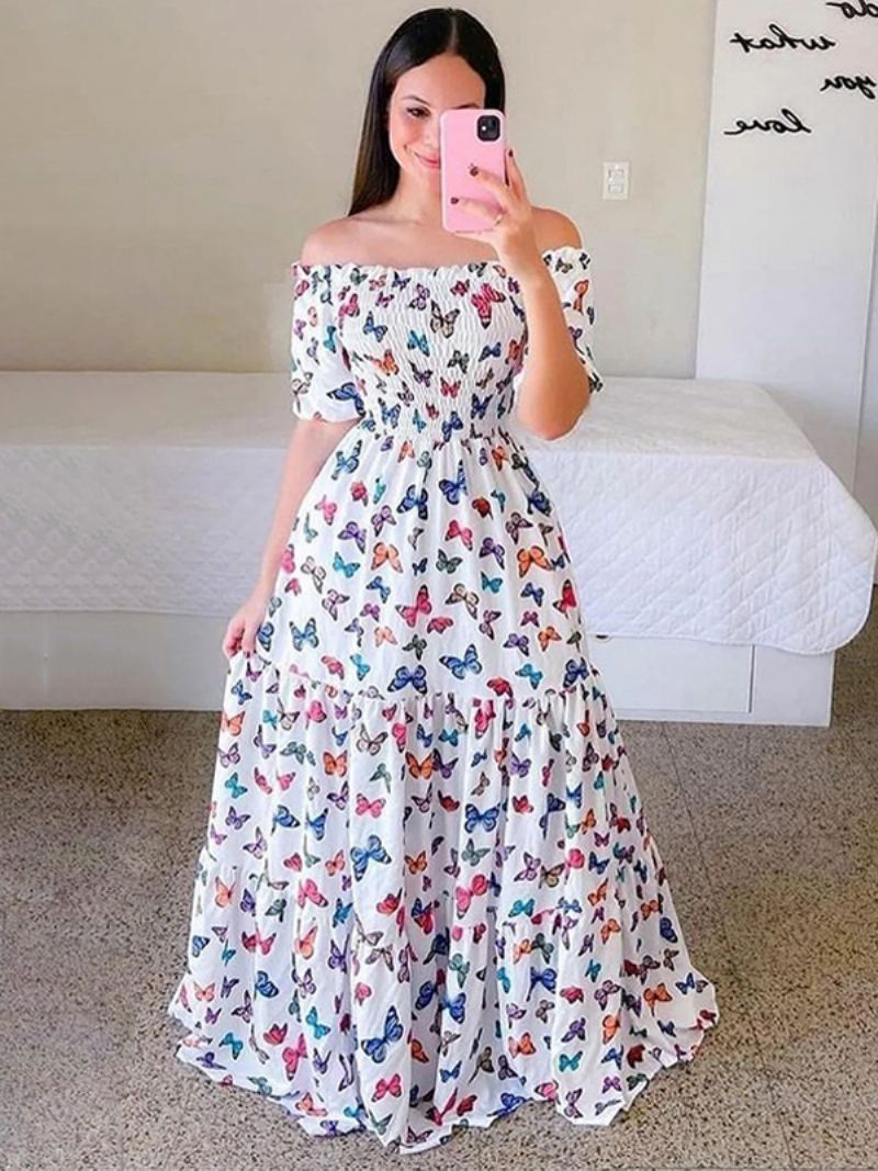 Damesmokkekjole Floral Off The Shoulder Lagdelt Uformelle Sommerkjoler - Hvit