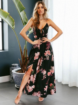 Floral Maxi Kvinner Te-kjole Spaghetti Stropper Snøring Ryggløs Split Sommerkjole Chiffon Slip Dress