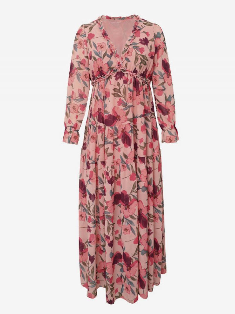 Kjole Med Blomstertrykk For Kvinner V-hals Lagdelt Volanger Trim Lange Ermer Boho Maxi-kjoler - Rød