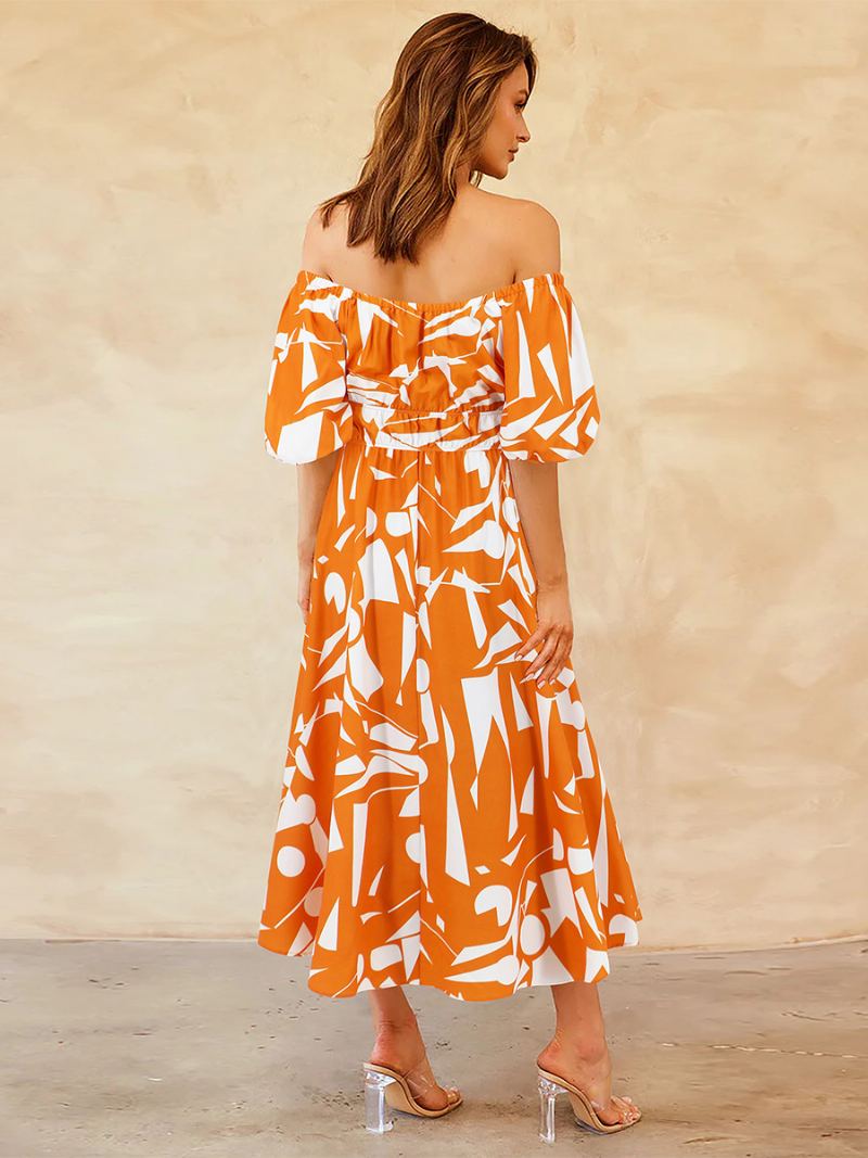 Kvinners Blomsterkjole Off The Shoulder Puff Sleeves Uformelle Sommer Midi Kjoler - Oransje