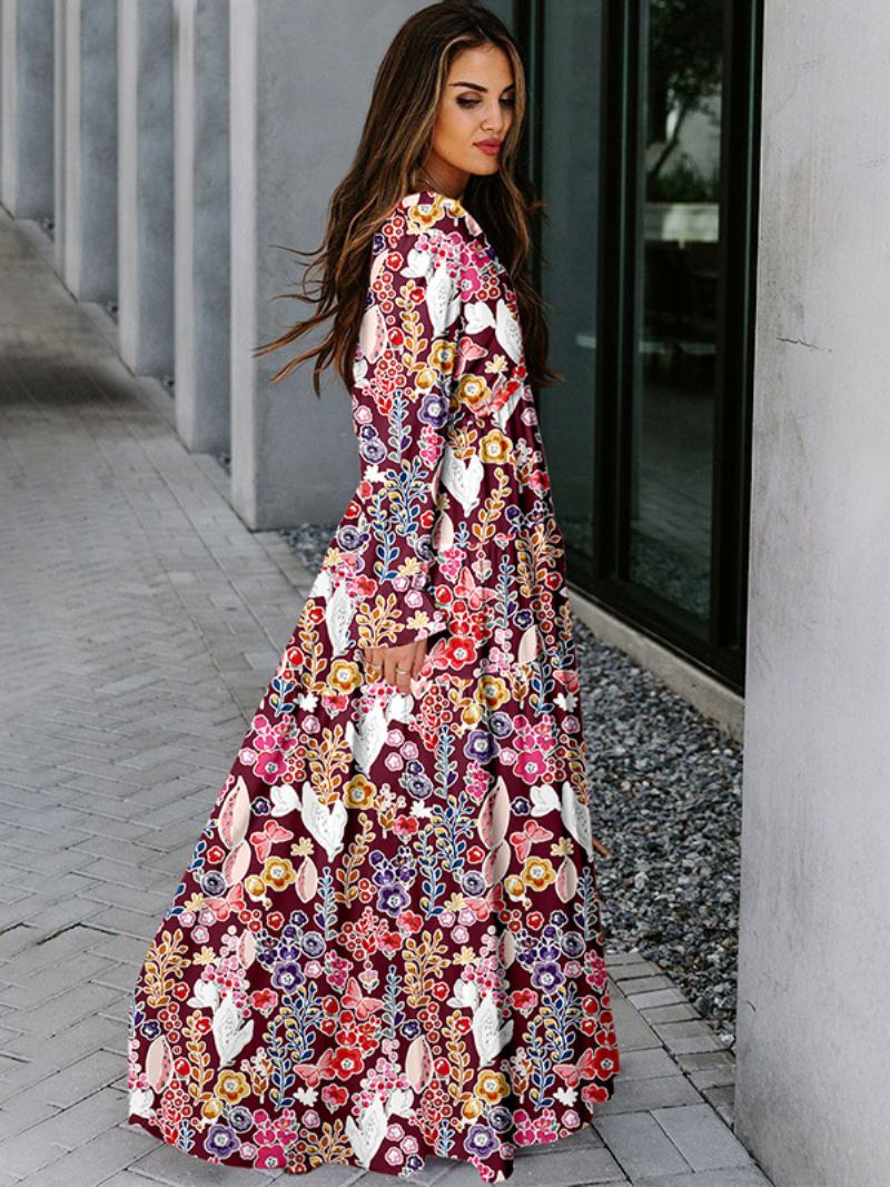 Kvinners Floral Maxi Kjole V-hals Lange Ermer Boho Kjoler - Lilla