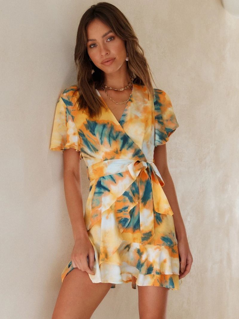 Kvinners Tie Dye Wrap Dress V-hals Beltede Korte Ermer Uformelle Sommerkjoler