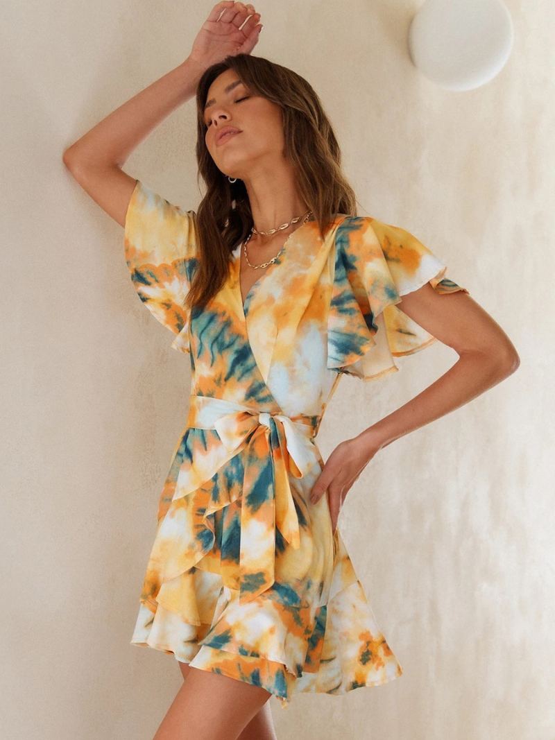 Kvinners Tie Dye Wrap Dress V-hals Beltede Korte Ermer Uformelle Sommerkjoler - Gul