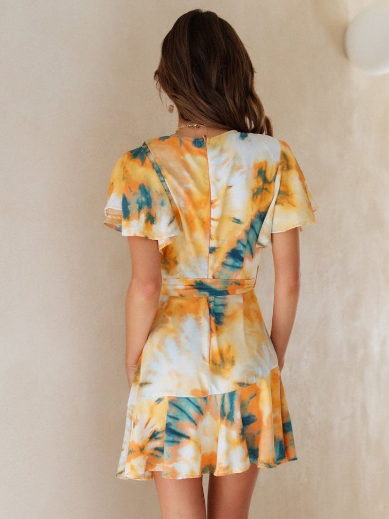 Kvinners Tie Dye Wrap Dress V-hals Beltede Korte Ermer Uformelle Sommerkjoler - Gul