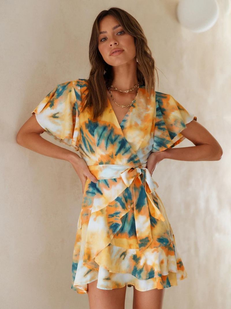 Kvinners Tie Dye Wrap Dress V-hals Beltede Korte Ermer Uformelle Sommerkjoler - Gul