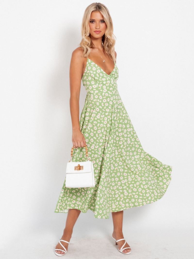 Solsikke Sommerkjoler For Kvinner Ditsy Blomstertrykk Beach Swing Dress - Gressgrønn