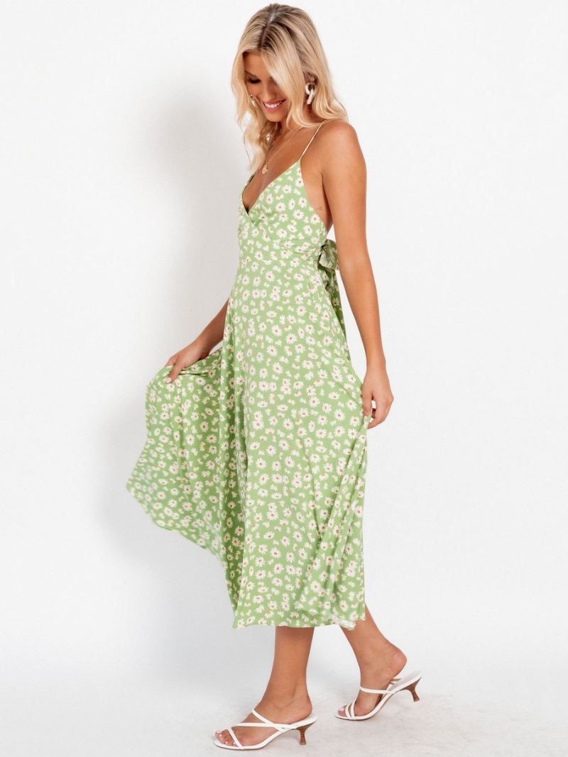 Solsikke Sommerkjoler For Kvinner Ditsy Blomstertrykk Beach Swing Dress - Gressgrønn