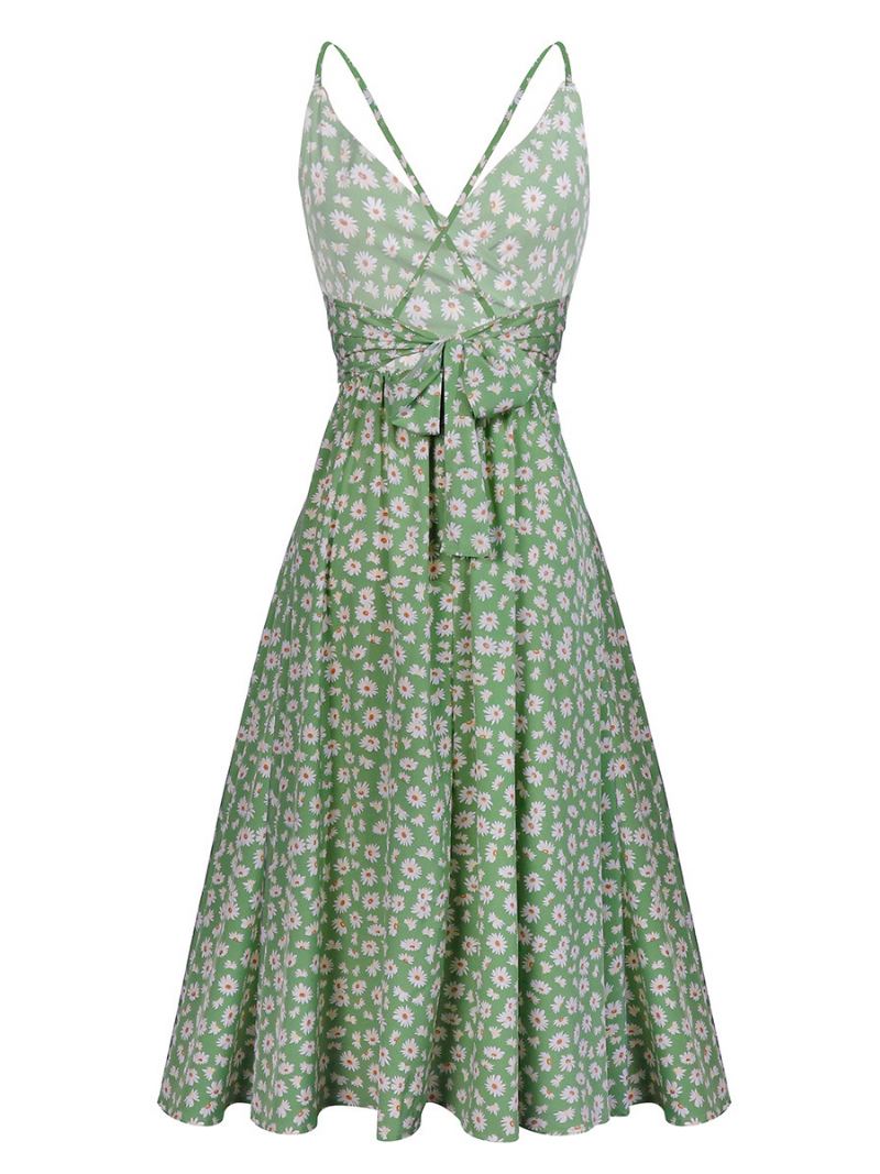 Solsikke Sommerkjoler For Kvinner Ditsy Blomstertrykk Beach Swing Dress - Gressgrønn