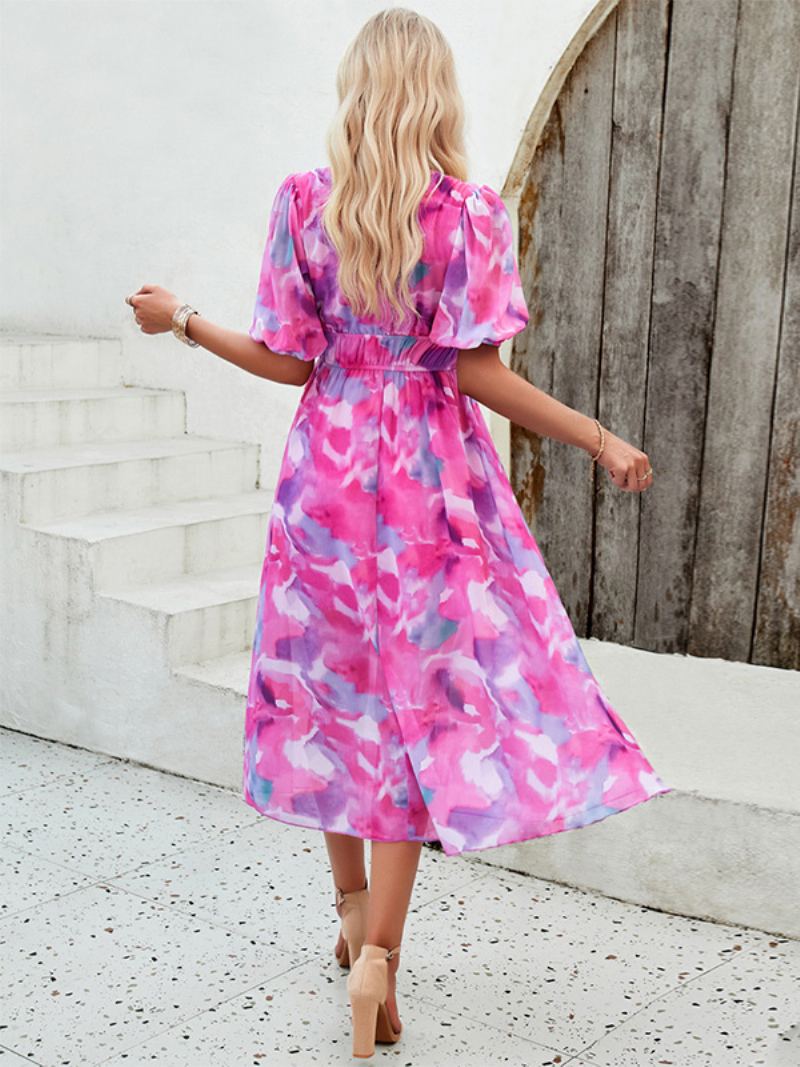 Sommerkjole For Kvinner Med Blomstertrykt V-hals Bohemian Midi-kjoler - Rose