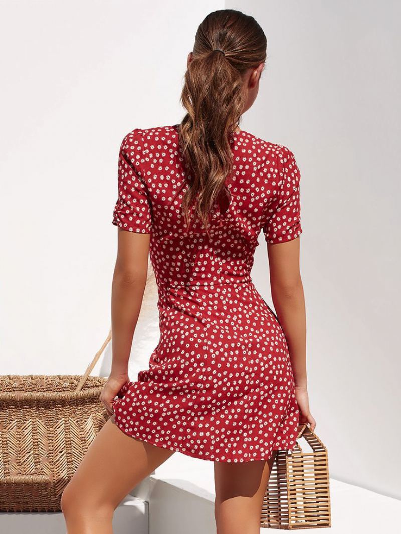 Sommerkjole For Kvinner V-hals Ditsy Blomstertrykk Knotted Short Beach Dress - Rød