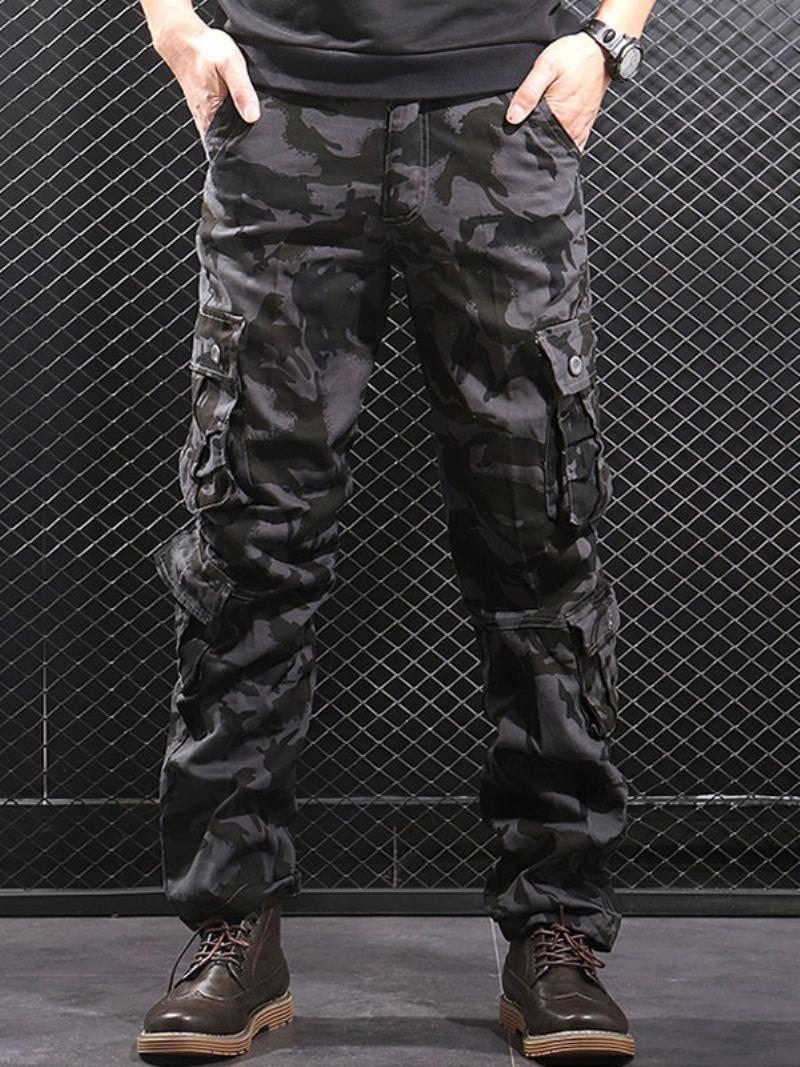 Bukser For Menn Comfy Camouflage Natural Waist Straight Cargo Pant Grå - Sort