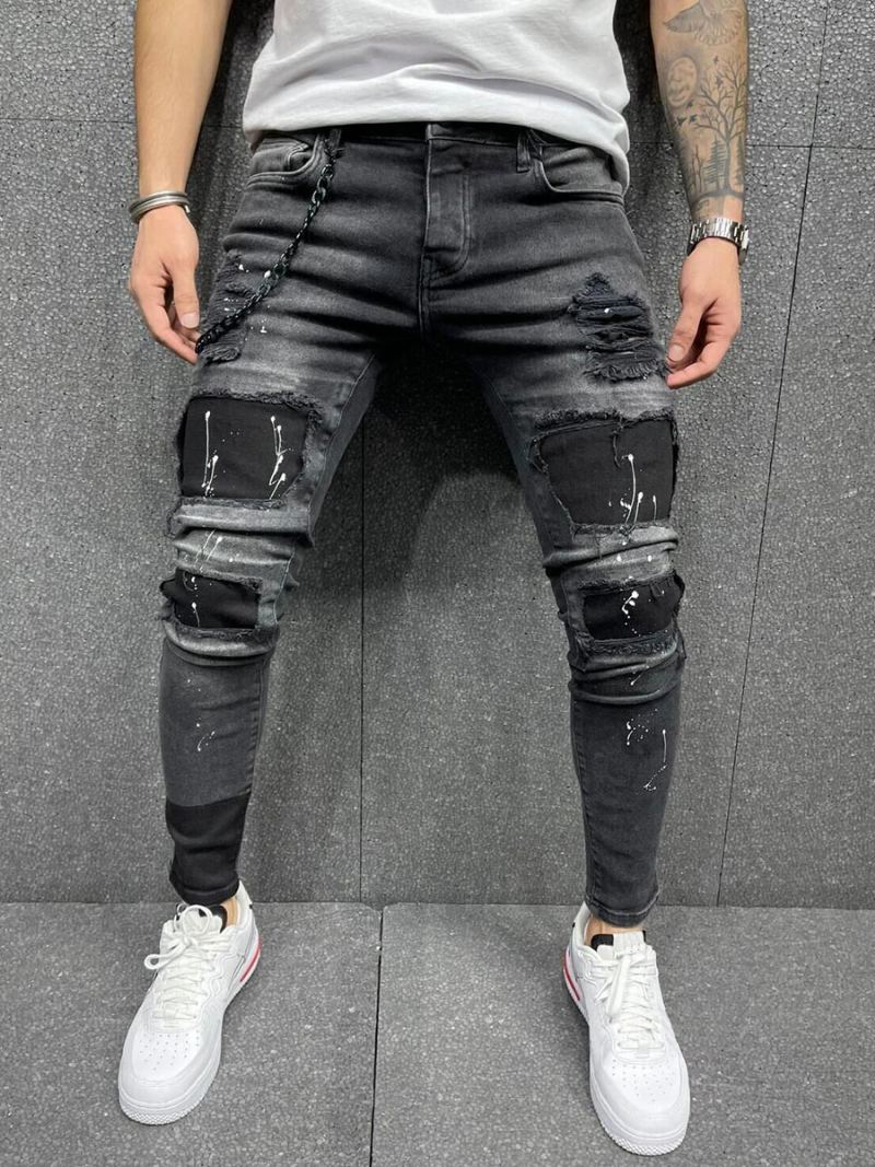 Jeans For Menn Herremote Chic Distressed Antique Design Skinny Black