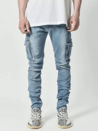 Menn Jeans Casual Distressed Antique Design Skinny Lys Himmelblå Dongeribukser