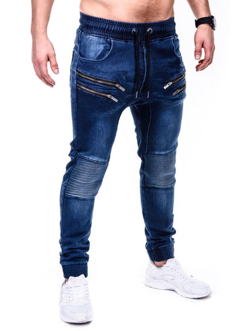 Menn Jeans Chic Distressed Antique Design Skinny Blue Denim Pants - Blå