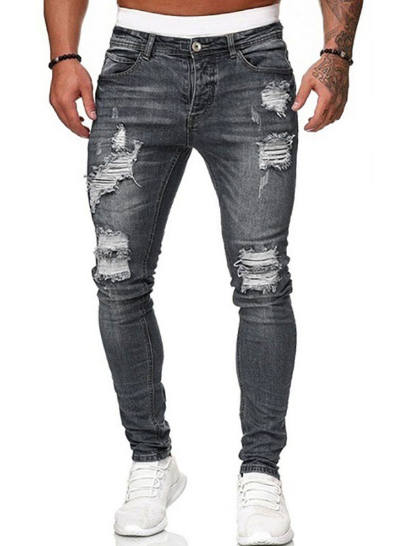 Menns Jeans Chic Distressed Antique Design Skinny Deep Blue - Grå