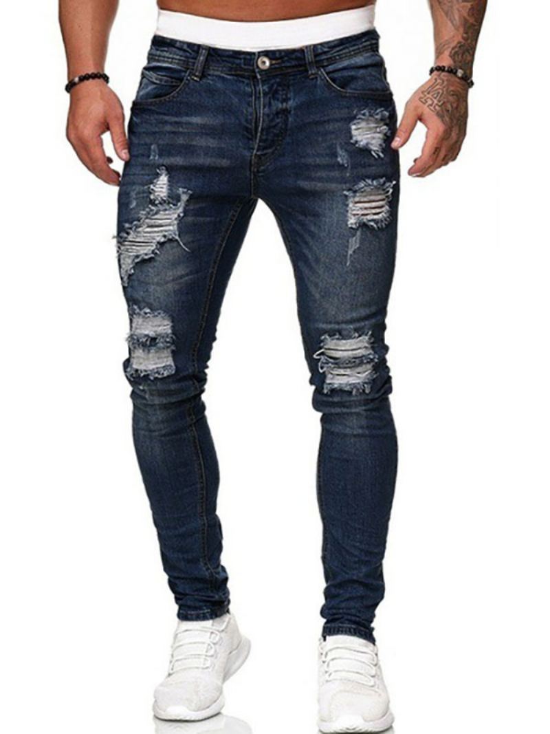 Menns Jeans Chic Distressed Antique Design Skinny Deep Blue - Blå